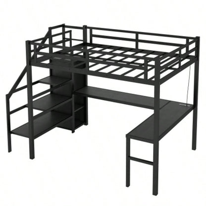 Twin XL Size Loft Bed with L - shaped Desk and USB, Metal Loft Bed with Wardrobe and Adjustable Shelf, High Loft Bed with LED Kids Teens Adults, Black