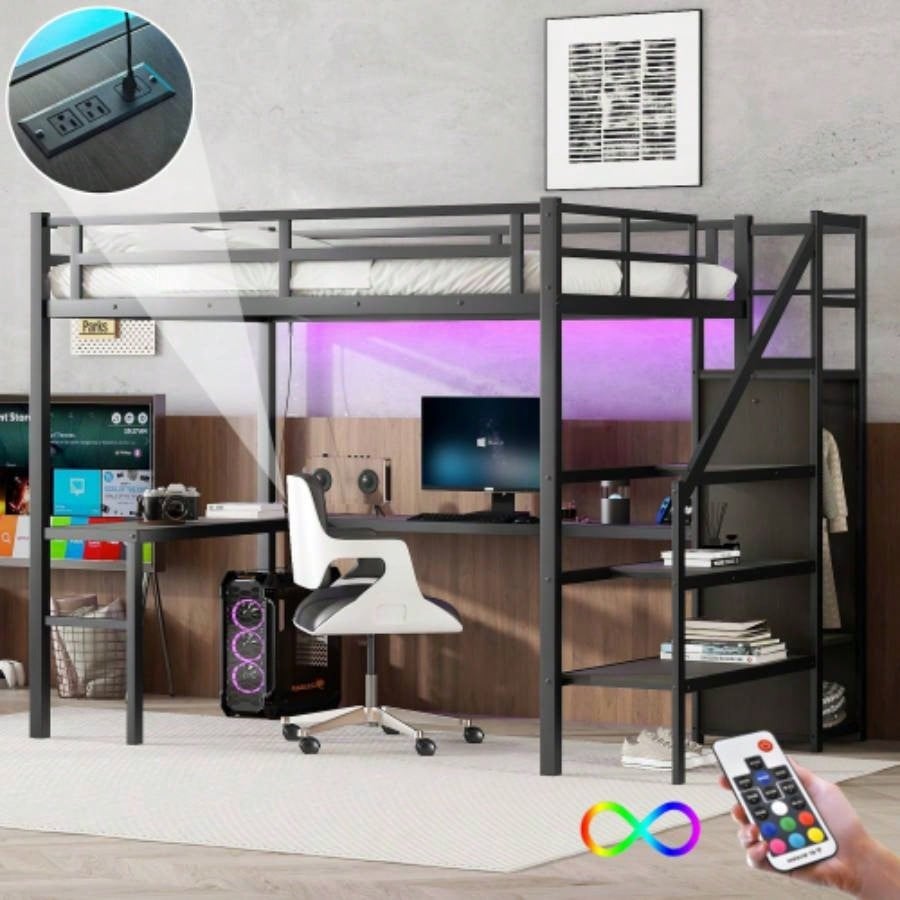 Twin XL Size Loft Bed with L - shaped Desk and USB, Metal Loft Bed with Wardrobe and Adjustable Shelf, High Loft Bed with LED Kids Teens Adults, Black