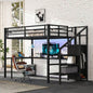 Twin XL Size Loft Bed with L - shaped Desk and USB, Metal Loft Bed with Wardrobe and Adjustable Shelf, High Loft Bed with LED Kids Teens Adults, Black