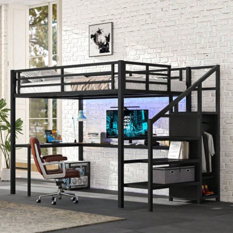Twin XL Size Loft Bed with L - shaped Desk and USB, Metal Loft Bed with Wardrobe and Adjustable Shelf, High Loft Bed with LED Kids Teens Adults, Black