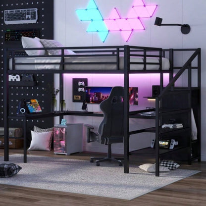 Twin XL Size Loft Bed with L - shaped Desk and USB, Metal Loft Bed with Wardrobe and Adjustable Shelf, High Loft Bed with LED Kids Teens Adults, Black