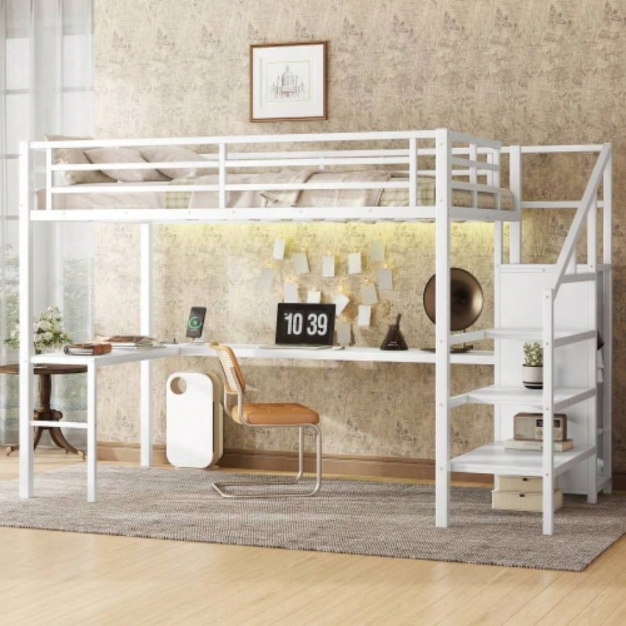 Twin XL Size Loft Bed with L - shaped Desk and USB, Metal Loft Bed with Wardrobe and Adjustable Shelf, High Loft Bed with LED Kids Teens Adults, Black