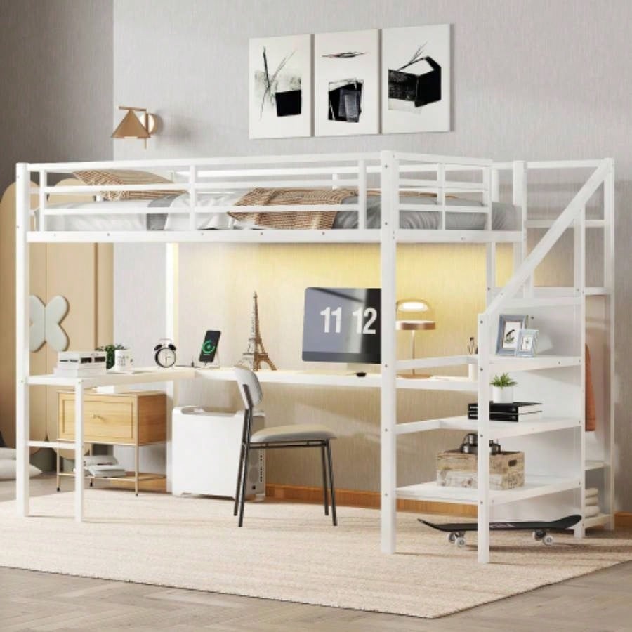 Twin XL Size Loft Bed with L - shaped Desk and USB, Metal Loft Bed with Wardrobe and Adjustable Shelf, High Loft Bed with LED Kids Teens Adults, Black