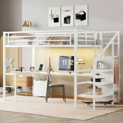 Twin XL Size Loft Bed with L - shaped Desk and USB, Metal Loft Bed with Wardrobe and Adjustable Shelf, High Loft Bed with LED Kids Teens Adults, Black
