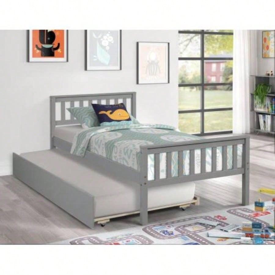 Twin Bed with Trundle, Platform Bed Frame with Headboard and Footboard, Bedroom Small Living Space, No Box Spring Needed, New SKU: W504P148530