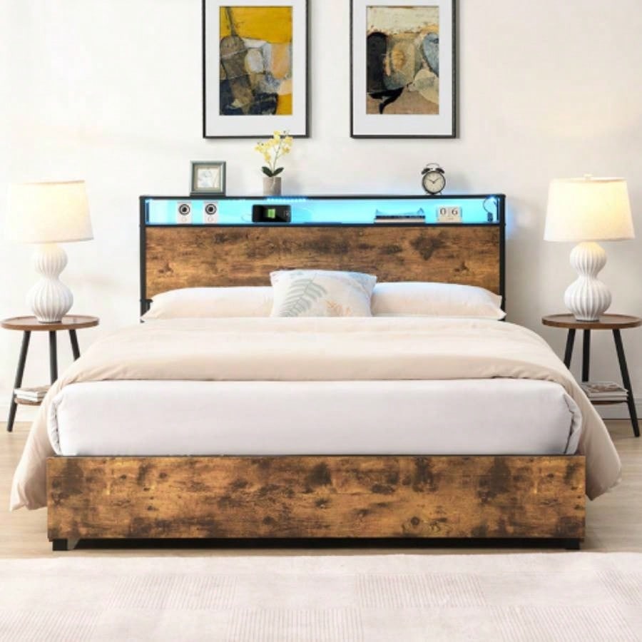 Full Bed Frame, Storage Headboard with Charging Station, Solid and Stable, Noise, No Box Spring Needed, Easy Assembly