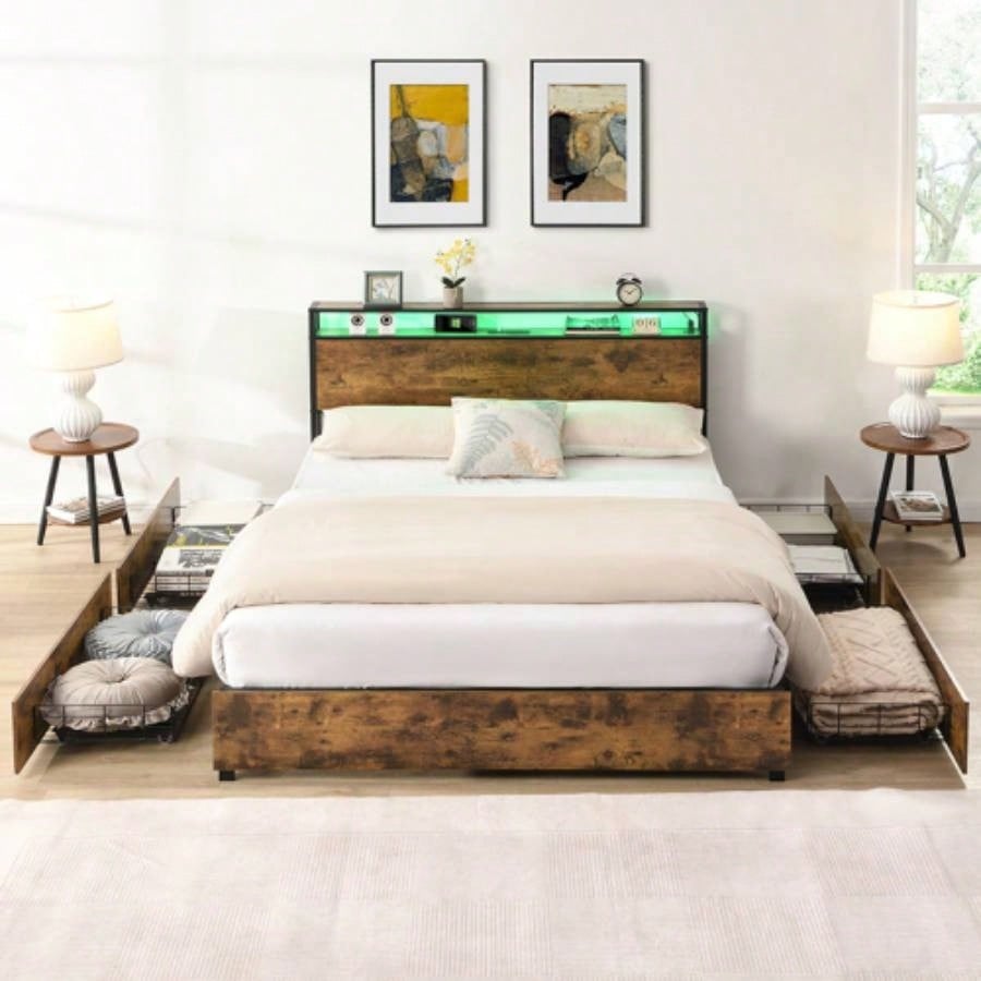Full Bed Frame, Storage Headboard with Charging Station, Solid and Stable, Noise, No Box Spring Needed, Easy Assembly