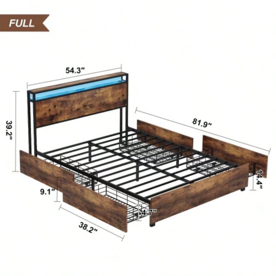 Full Bed Frame, Storage Headboard with Charging Station, Solid and Stable, Noise, No Box Spring Needed, Easy Assembly