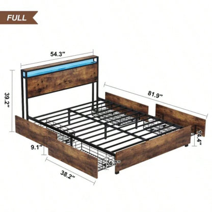 Full Bed Frame, Storage Headboard with Charging Station, Solid and Stable, Noise, No Box Spring Needed, Easy Assembly