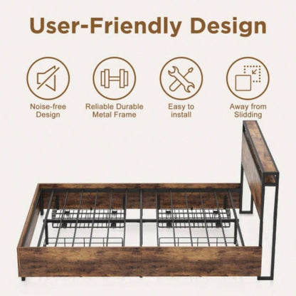 Full Bed Frame, Storage Headboard with Charging Station, Solid and Stable, Noise, No Box Spring Needed, Easy Assembly