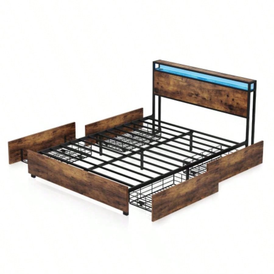 Full Bed Frame, Storage Headboard with Charging Station, Solid and Stable, Noise, No Box Spring Needed, Easy Assembly
