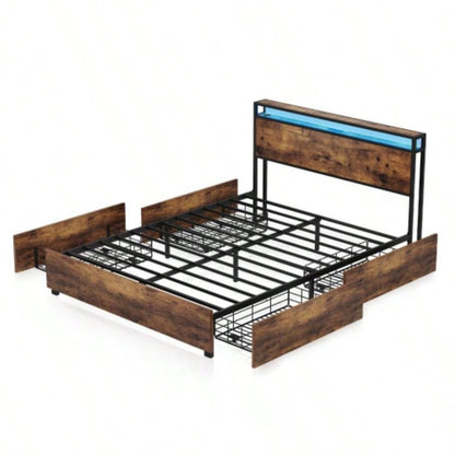 Full Bed Frame, Storage Headboard with Charging Station, Solid and Stable, Noise, No Box Spring Needed, Easy Assembly