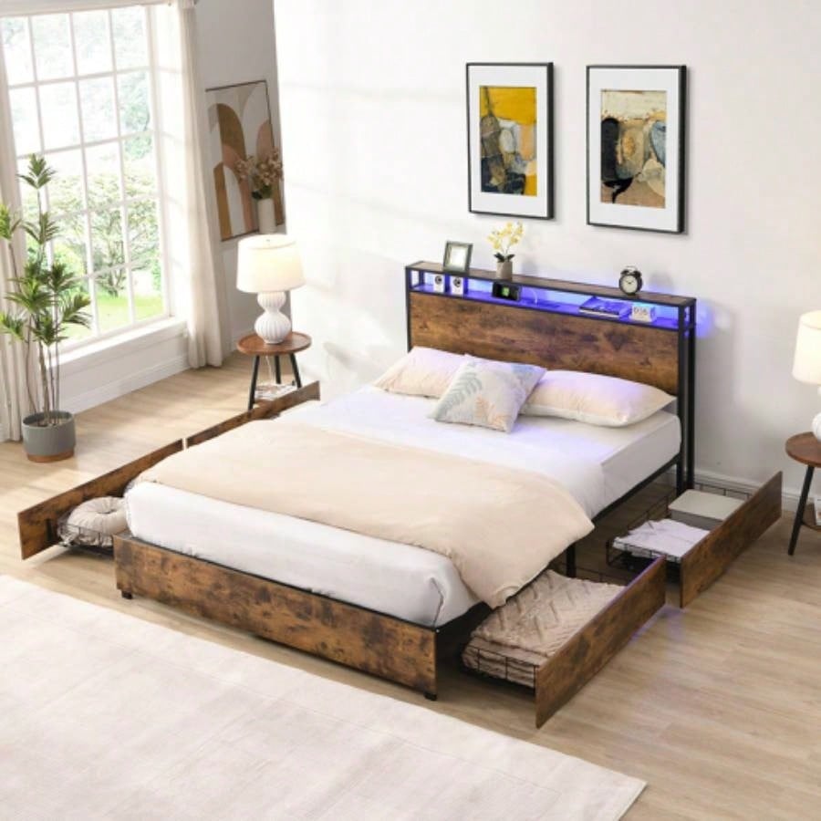 Full Bed Frame, Storage Headboard with Charging Station, Solid and Stable, Noise, No Box Spring Needed, Easy Assembly