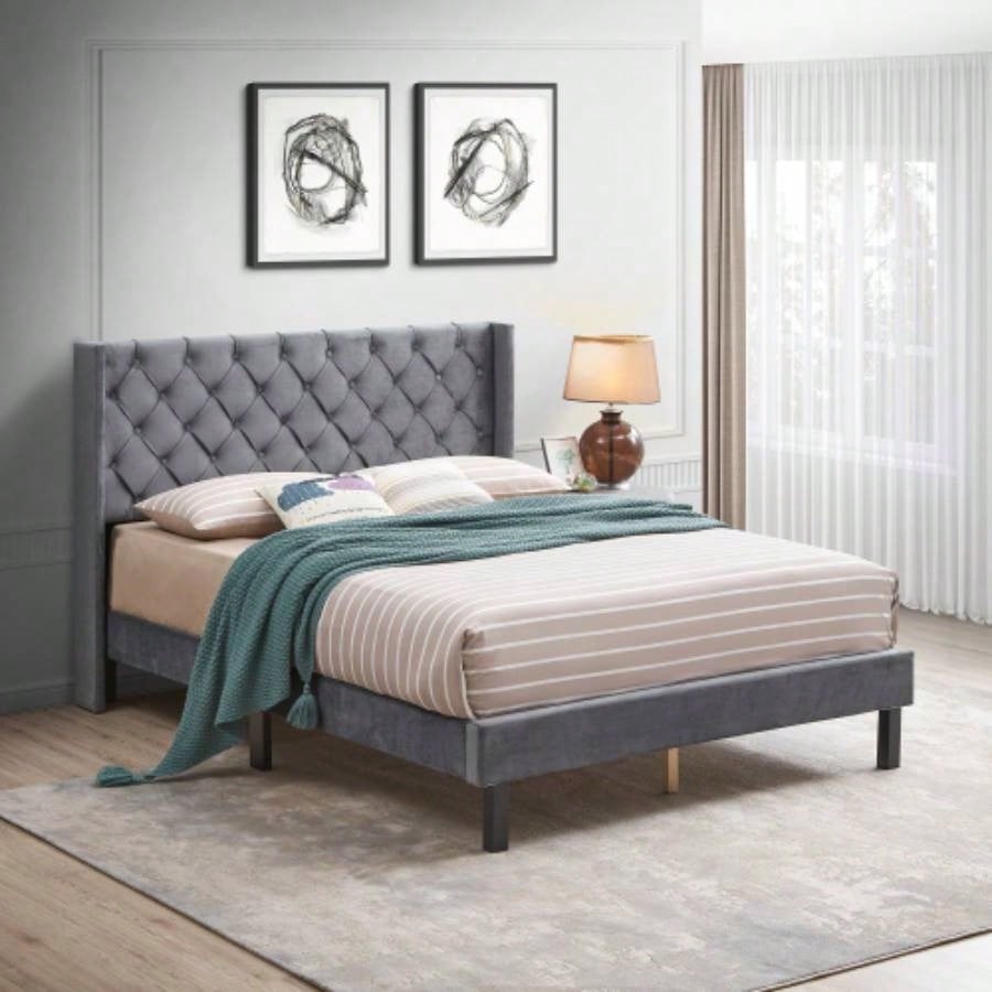 King Size Upholstered Platform Bed Frame with Button Tufted Linen Fabric Headboard, No Box Spring Needed, Wood Slat Support, Easy Assembly, Gray
