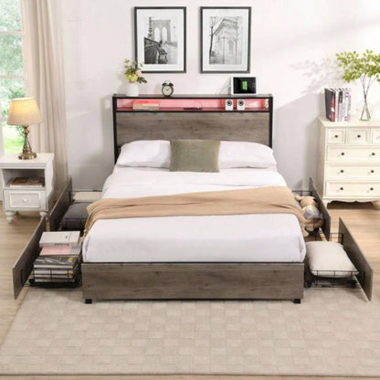 Full Bed Frame, Storage Headboard with Charging Station, Solid and Stable, Noise, No Box Spring Needed, Easy Assembly