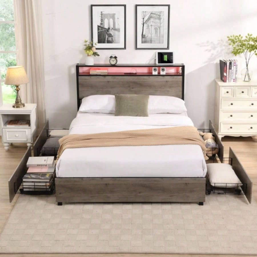 Full Bed Frame, Storage Headboard with Charging Station, Solid and Stable, Noise, No Box Spring Needed, Easy Assembly