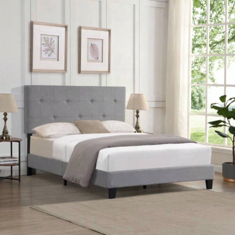 King Size Upholstered Platform Bed Frame with Button Tufted Linen Fabric Headboard, No Box Spring Needed, Wood Slat Support, Easy Assembly, Gray