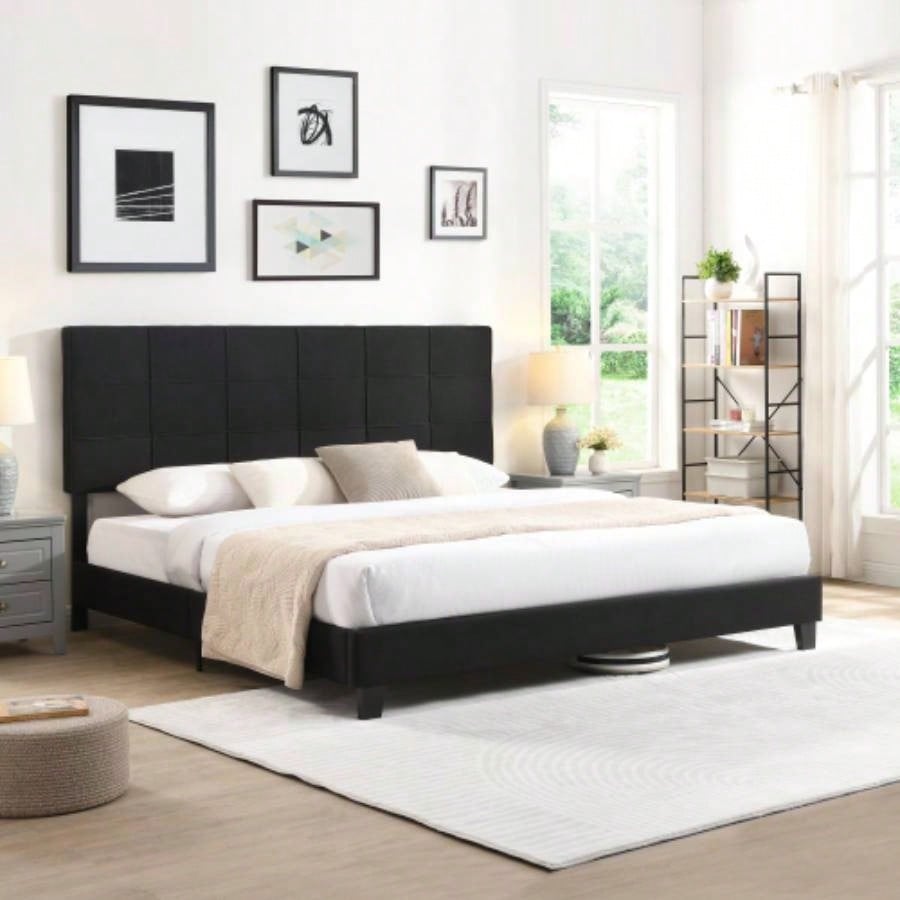 King Size Upholstered Platform Bed Frame with Button Tufted Linen Fabric Headboard, No Box Spring Needed, Wood Slat Support, Easy Assembly, Gray