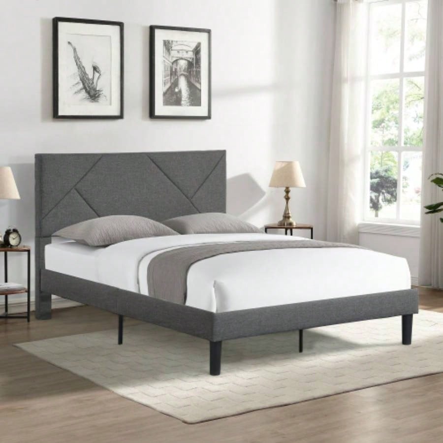 King Size Upholstered Platform Bed Frame with Button Tufted Linen Fabric Headboard, No Box Spring Needed, Wood Slat Support, Easy Assembly, Gray