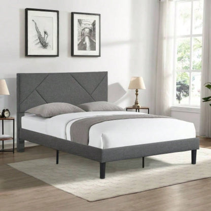 King Size Upholstered Platform Bed Frame with Button Tufted Linen Fabric Headboard, No Box Spring Needed, Wood Slat Support, Easy Assembly, Gray