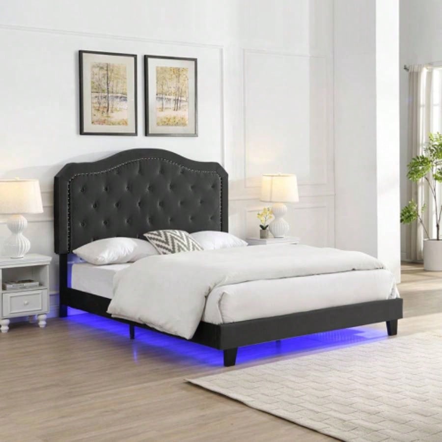King Size Upholstered Platform Bed Frame with Button Tufted Linen Fabric Headboard, No Box Spring Needed, Wood Slat Support, Easy Assembly, Gray