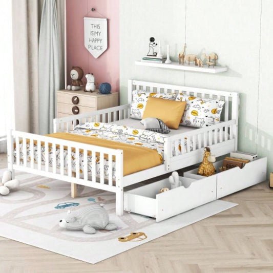 Full Size Wood Platform Bed with Guardrails on Both Sides and Two Storage Drawers, White