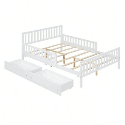 Full Size Wood Platform Bed with Guardrails on Both Sides and Two Storage Drawers, White