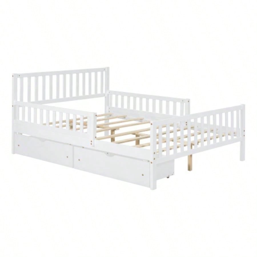 Full Size Wood Platform Bed with Guardrails on Both Sides and Two Storage Drawers, White