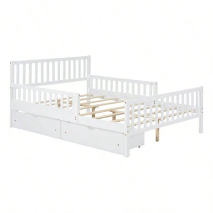Full Size Wood Platform Bed with Guardrails on Both Sides and Two Storage Drawers, White