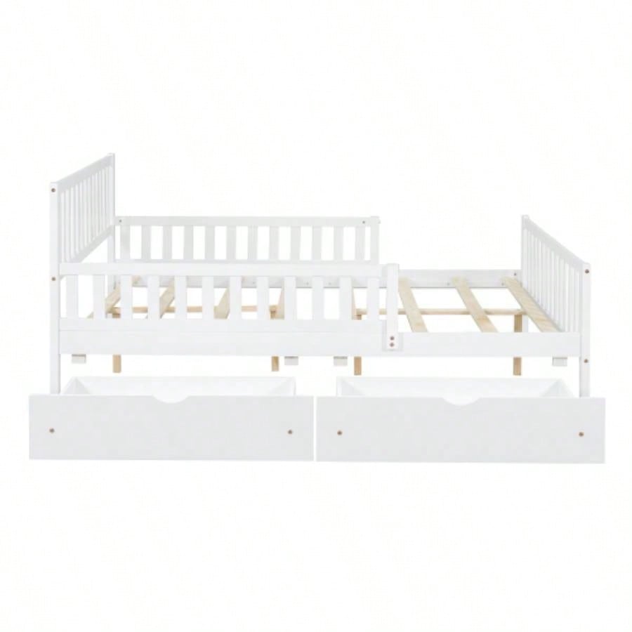 Full Size Wood Platform Bed with Guardrails on Both Sides and Two Storage Drawers, White