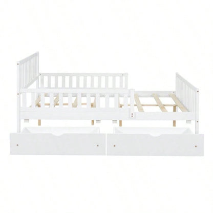 Full Size Wood Platform Bed with Guardrails on Both Sides and Two Storage Drawers, White