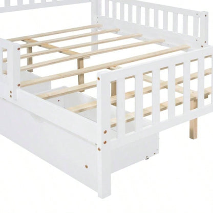Full Size Wood Platform Bed with Guardrails on Both Sides and Two Storage Drawers, White