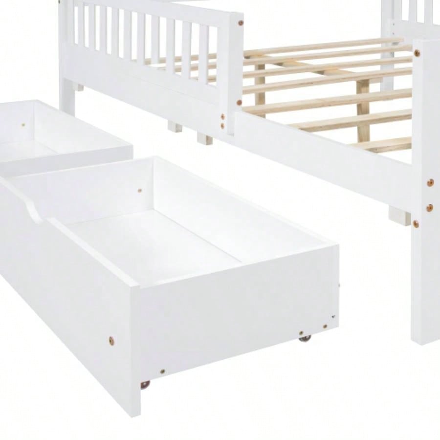 Full Size Wood Platform Bed with Guardrails on Both Sides and Two Storage Drawers, White
