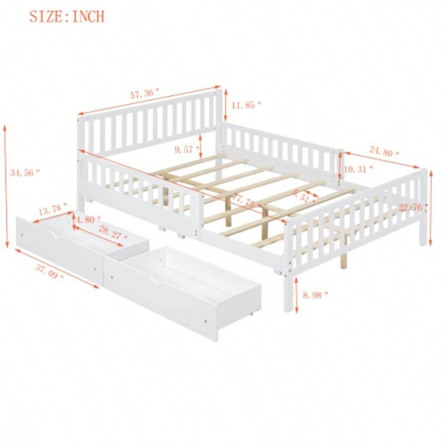 Full Size Wood Platform Bed with Guardrails on Both Sides and Two Storage Drawers, White