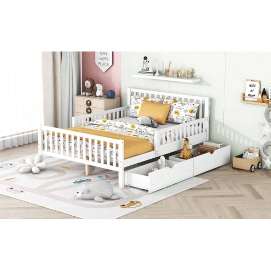 Full Size Wood Platform Bed with Guardrails on Both Sides and Two Storage Drawers, White
