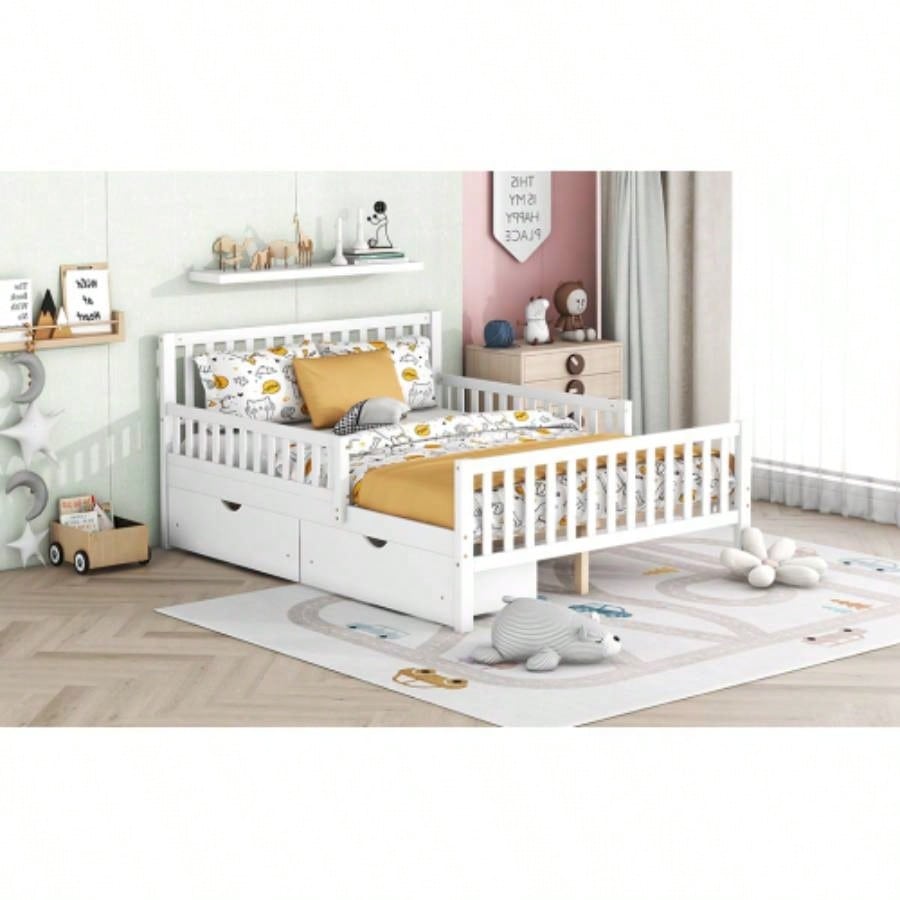 Full Size Wood Platform Bed with Guardrails on Both Sides and Two Storage Drawers, White