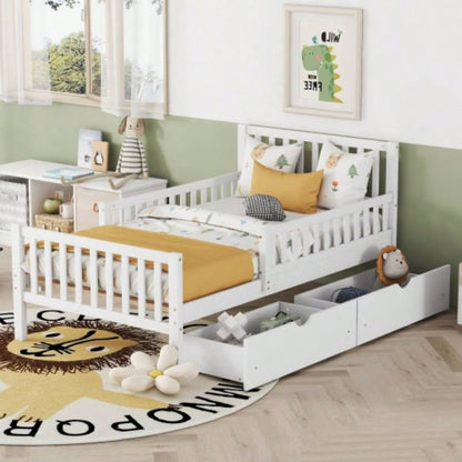 Full Size Wood Platform Bed with Guardrails on Both Sides and Two Storage Drawers, White