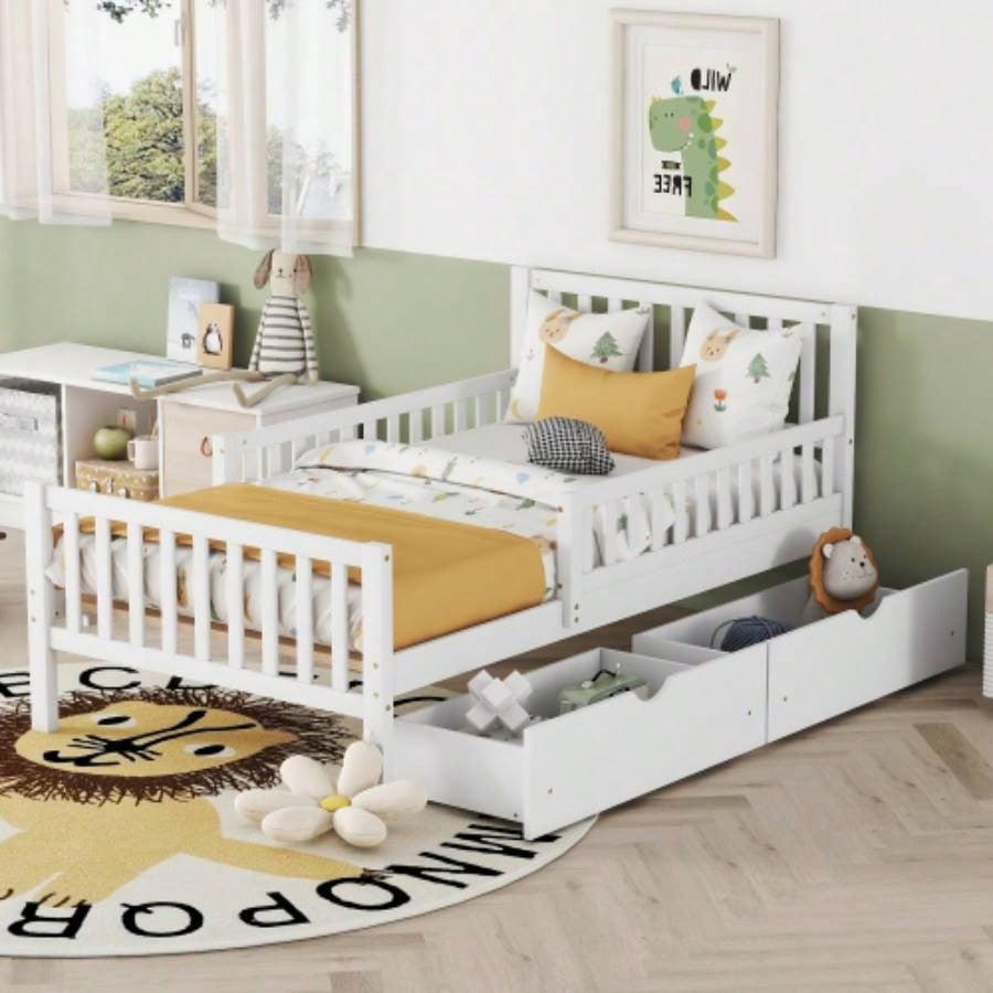 Full Size Wood Platform Bed with Guardrails on Both Sides and Two Storage Drawers, White