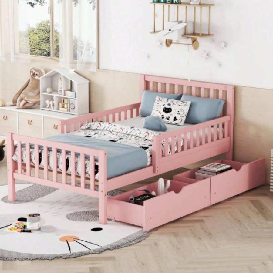 Full Size Wood Platform Bed with Guardrails on Both Sides and Two Storage Drawers, White