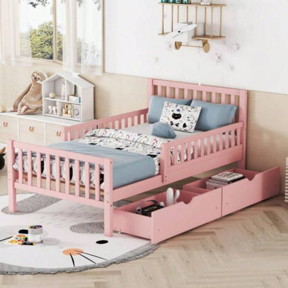 Full Size Wood Platform Bed with Guardrails on Both Sides and Two Storage Drawers, White