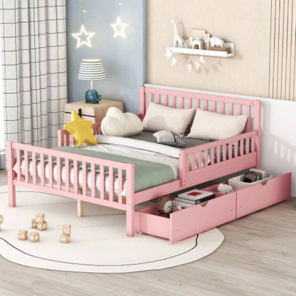 Full Size Wood Platform Bed with Guardrails on Both Sides and Two Storage Drawers, White