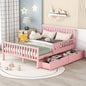 Full Size Wood Platform Bed with Guardrails on Both Sides and Two Storage Drawers, White