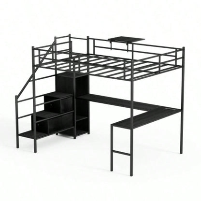 Full Size Metal Loft Bed with L - shaped Desk, LED Lights, Charging Cradle, LED Loft Bed Frame, Full Size Bed with One Cabinet Wardrobe and 2 Fabric Drawers, Safety Rails and Ladder, Black