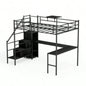 Full Size Metal Loft Bed with L - shaped Desk, LED Lights, Charging Cradle, LED Loft Bed Frame, Full Size Bed with One Cabinet Wardrobe and 2 Fabric Drawers, Safety Rails and Ladder, Black