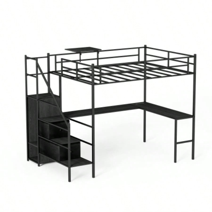 Full Size Metal Loft Bed with L - shaped Desk, LED Lights, Charging Cradle, LED Loft Bed Frame, Full Size Bed with One Cabinet Wardrobe and 2 Fabric Drawers, Safety Rails and Ladder, Black