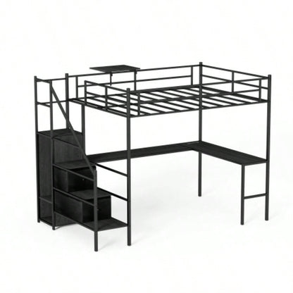 Full Size Metal Loft Bed with L - shaped Desk, LED Lights, Charging Cradle, LED Loft Bed Frame, Full Size Bed with One Cabinet Wardrobe and 2 Fabric Drawers, Safety Rails and Ladder, Black