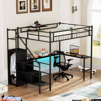 Full Size Metal Loft Bed with L - shaped Desk, LED Lights, Charging Cradle, LED Loft Bed Frame, Full Size Bed with One Cabinet Wardrobe and 2 Fabric Drawers, Safety Rails and Ladder, Black