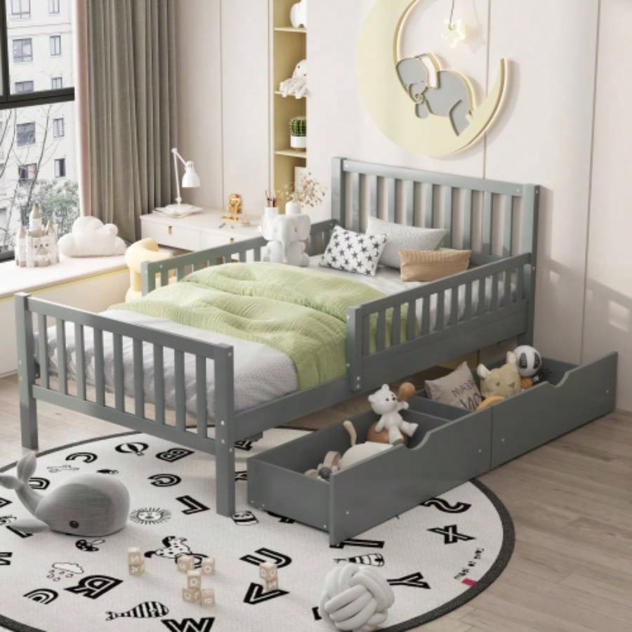 Full Size Wood Platform Bed with Guardrails on Both Sides and Two Storage Drawers, White