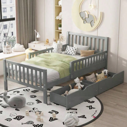 Full Size Wood Platform Bed with Guardrails on Both Sides and Two Storage Drawers, White