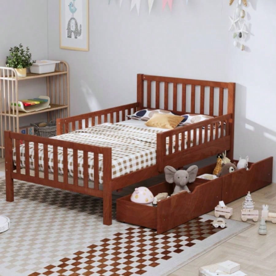 Full Size Wood Platform Bed with Guardrails on Both Sides and Two Storage Drawers, White